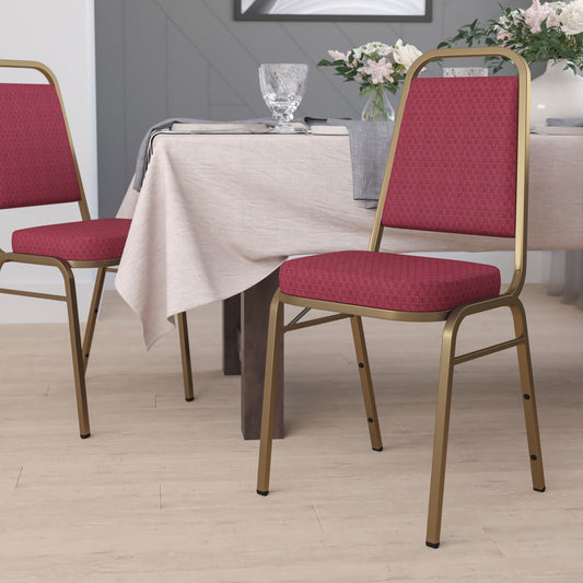 HERCULES Series Trapezoidal Back Stacking Banquet Chair in Burgundy Patterned Fabric - Gold Frame Burgundy Patterned Fabric/Gold Frame