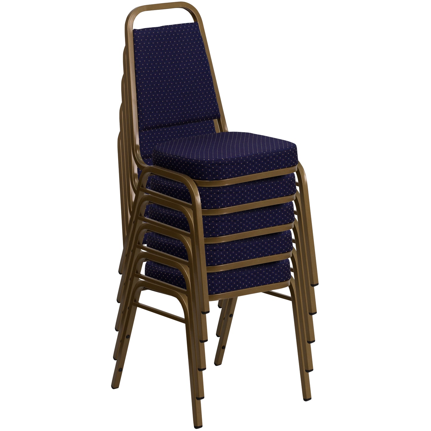 HERCULES Series Trapezoidal Back Stacking Banquet Chair in Navy Patterned Fabric - Gold Frame Navy Patterned Fabric/Gold Frame