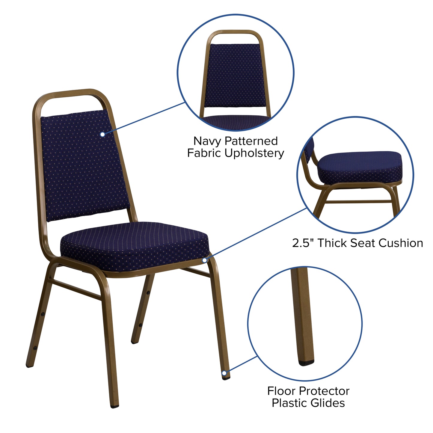HERCULES Series Trapezoidal Back Stacking Banquet Chair in Navy Patterned Fabric - Gold Frame Navy Patterned Fabric/Gold Frame