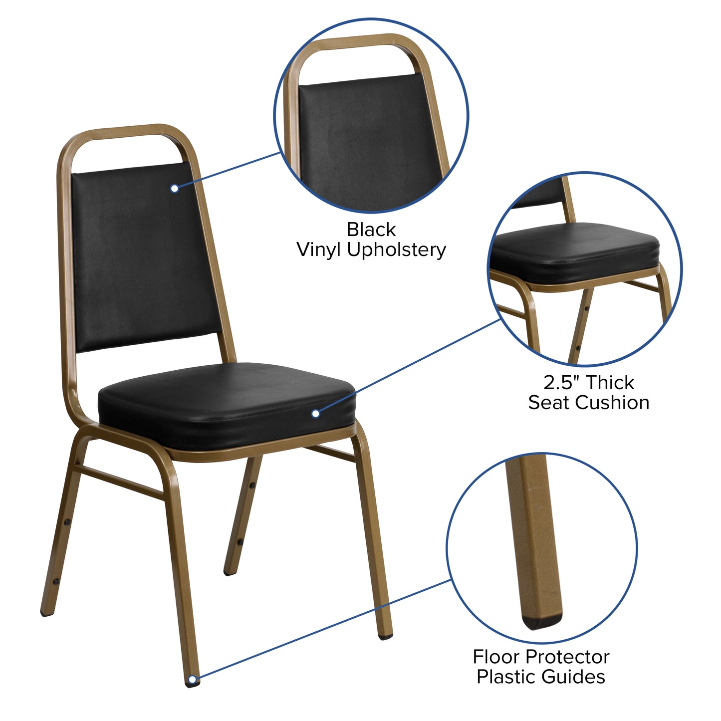 HERCULES Series Trapezoidal Back Stacking Banquet Chair in Black Vinyl - Gold Frame Black Vinyl/Gold Frame