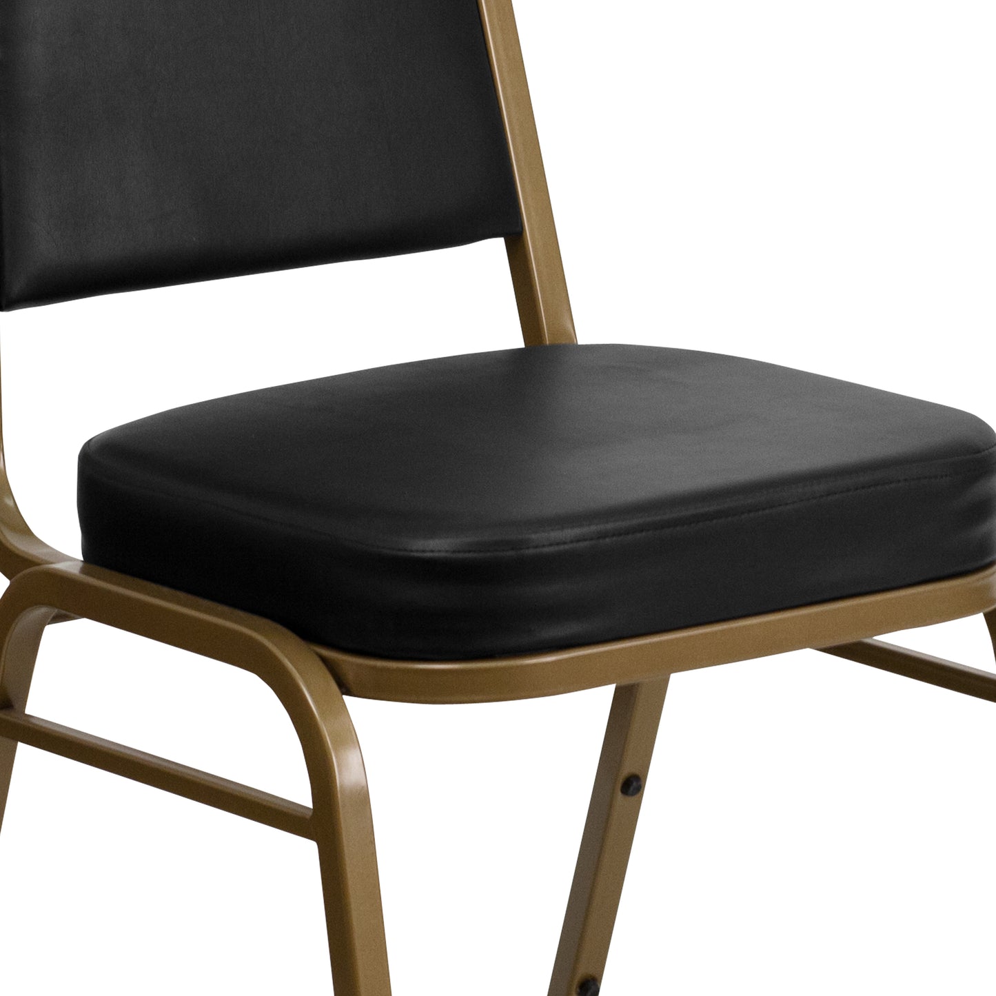 HERCULES Series Trapezoidal Back Stacking Banquet Chair in Black Vinyl - Gold Frame Black Vinyl/Gold Frame
