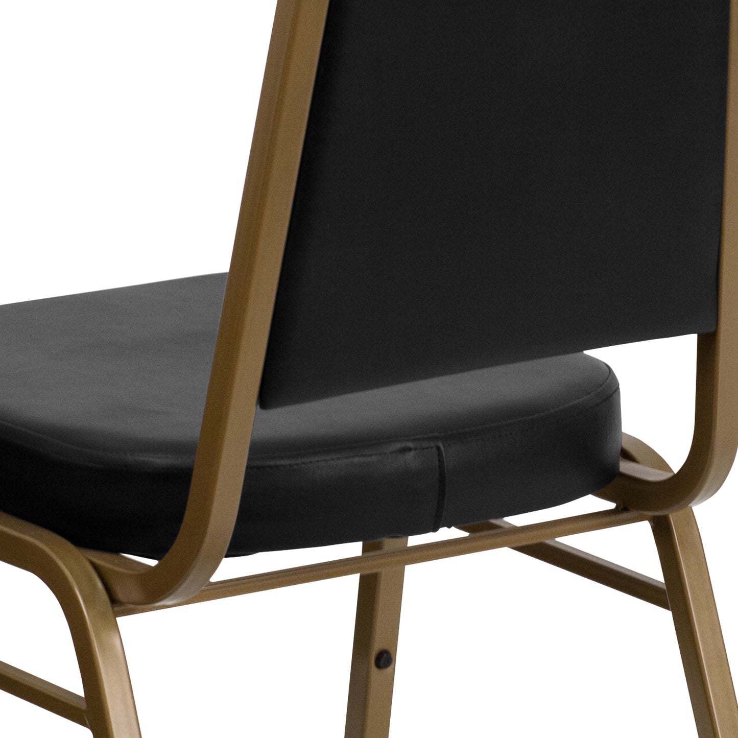HERCULES Series Trapezoidal Back Stacking Banquet Chair in Black Vinyl - Gold Frame Black Vinyl/Gold Frame