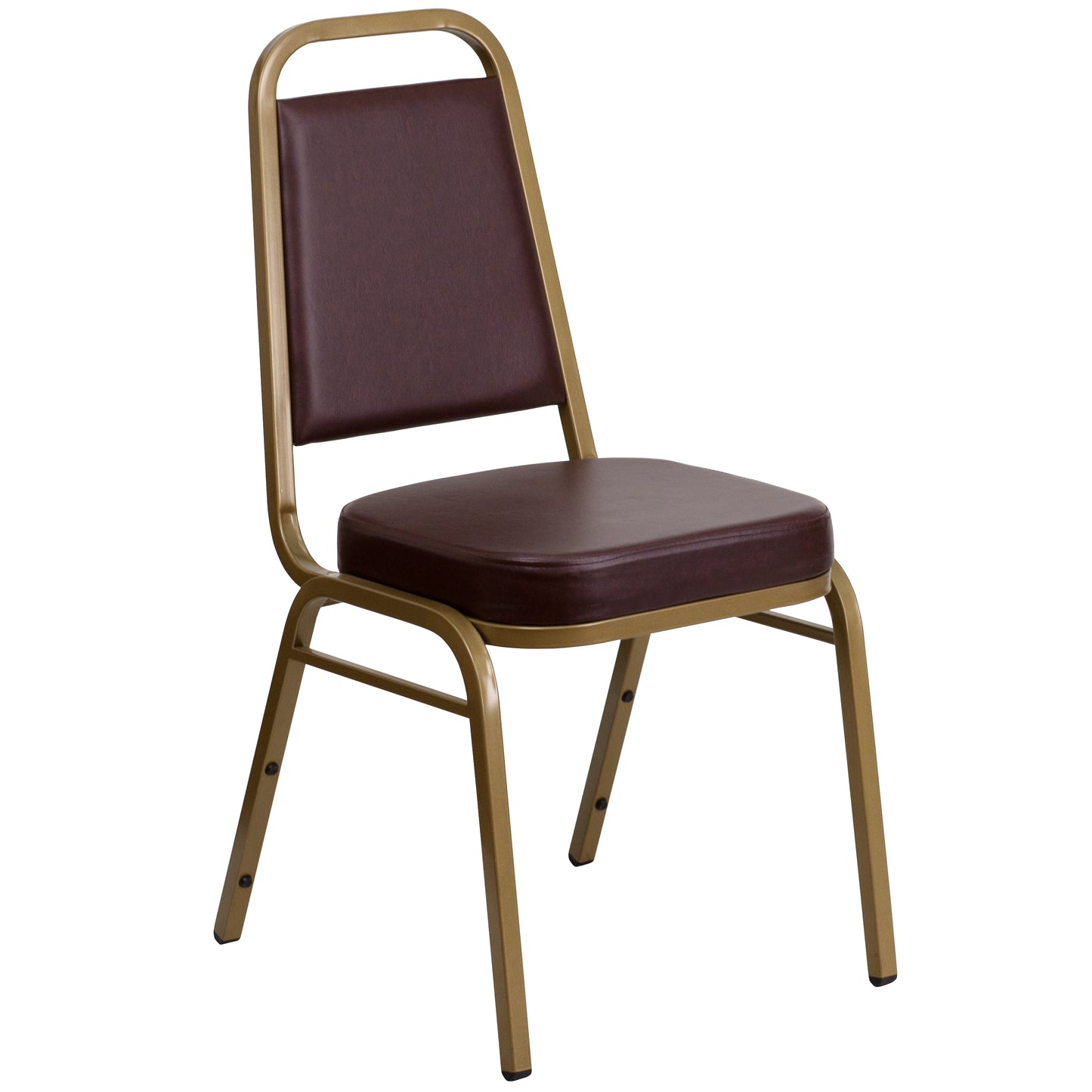 HERCULES Series Trapezoidal Back Stacking Banquet Chair in Brown Vinyl - Gold Frame Brown Vinyl/Gold Frame