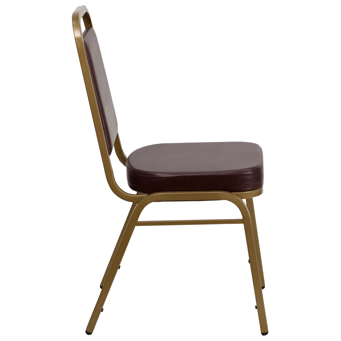 HERCULES Series Trapezoidal Back Stacking Banquet Chair in Brown Vinyl - Gold Frame Brown Vinyl/Gold Frame