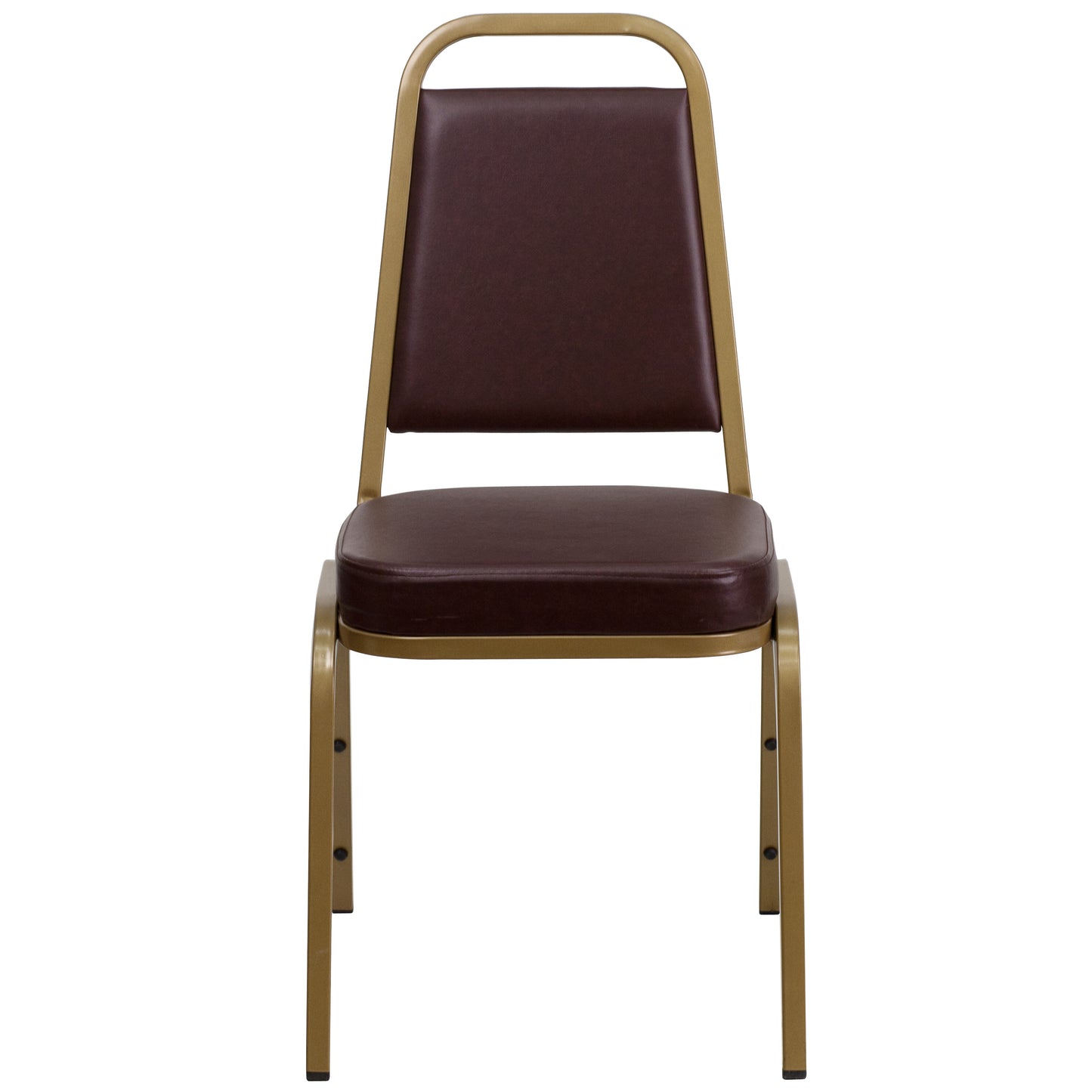 HERCULES Series Trapezoidal Back Stacking Banquet Chair in Brown Vinyl - Gold Frame Brown Vinyl/Gold Frame