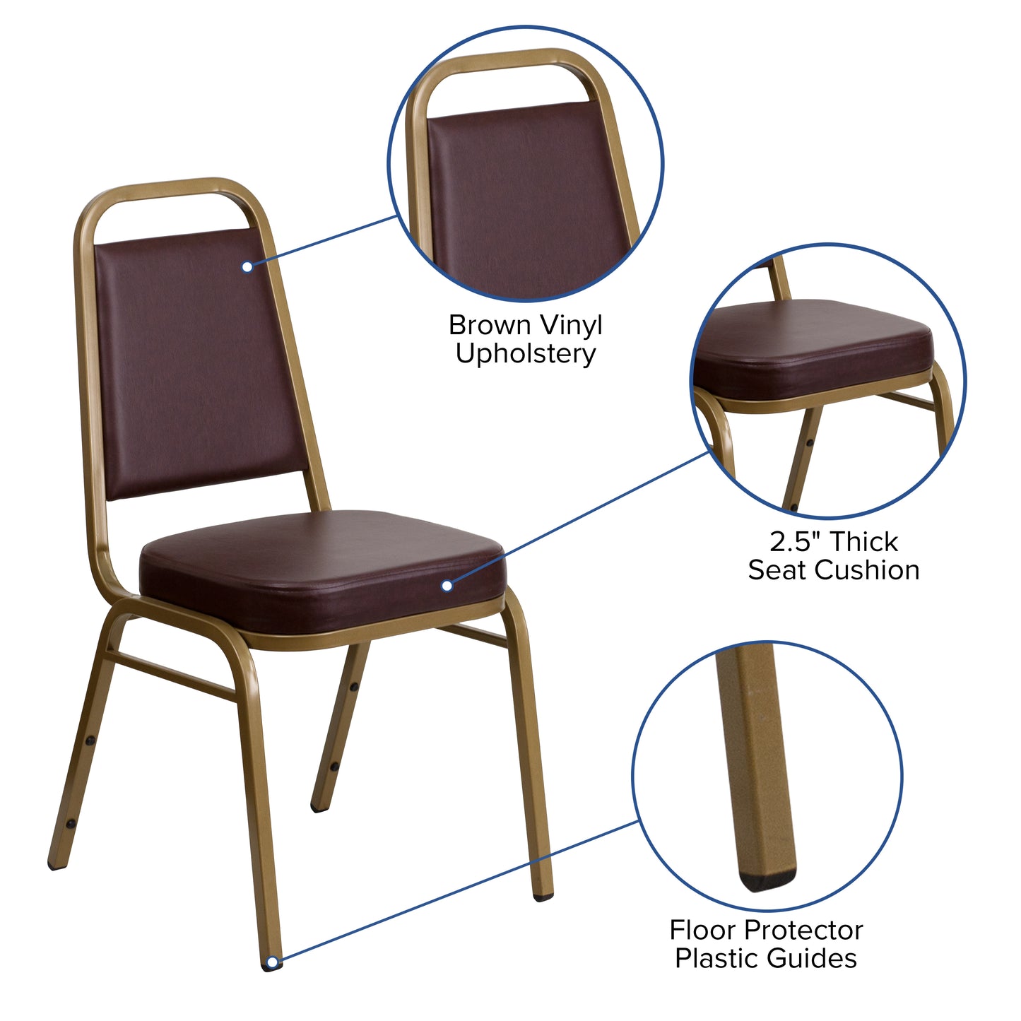HERCULES Series Trapezoidal Back Stacking Banquet Chair in Brown Vinyl - Gold Frame Brown Vinyl/Gold Frame
