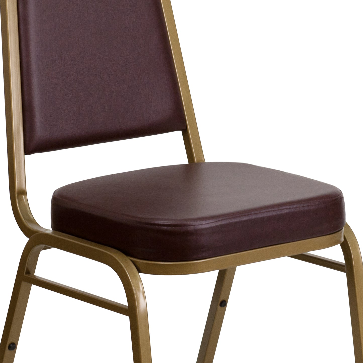 HERCULES Series Trapezoidal Back Stacking Banquet Chair in Brown Vinyl - Gold Frame Brown Vinyl/Gold Frame