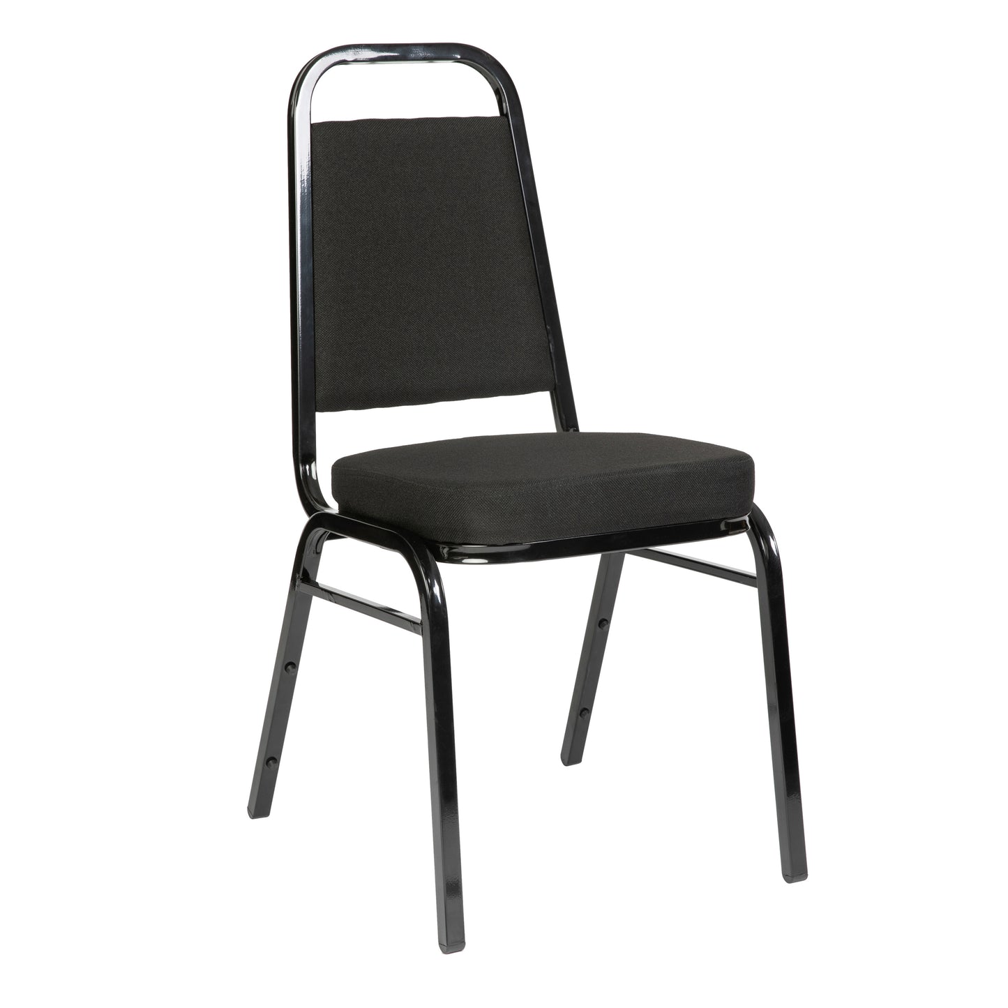 HERCULES Series Trapezoidal Back Stacking Banquet Chair with Black Fabric and 2.5'' Thick Seat - Black Frame Black Fabric/Black Frame