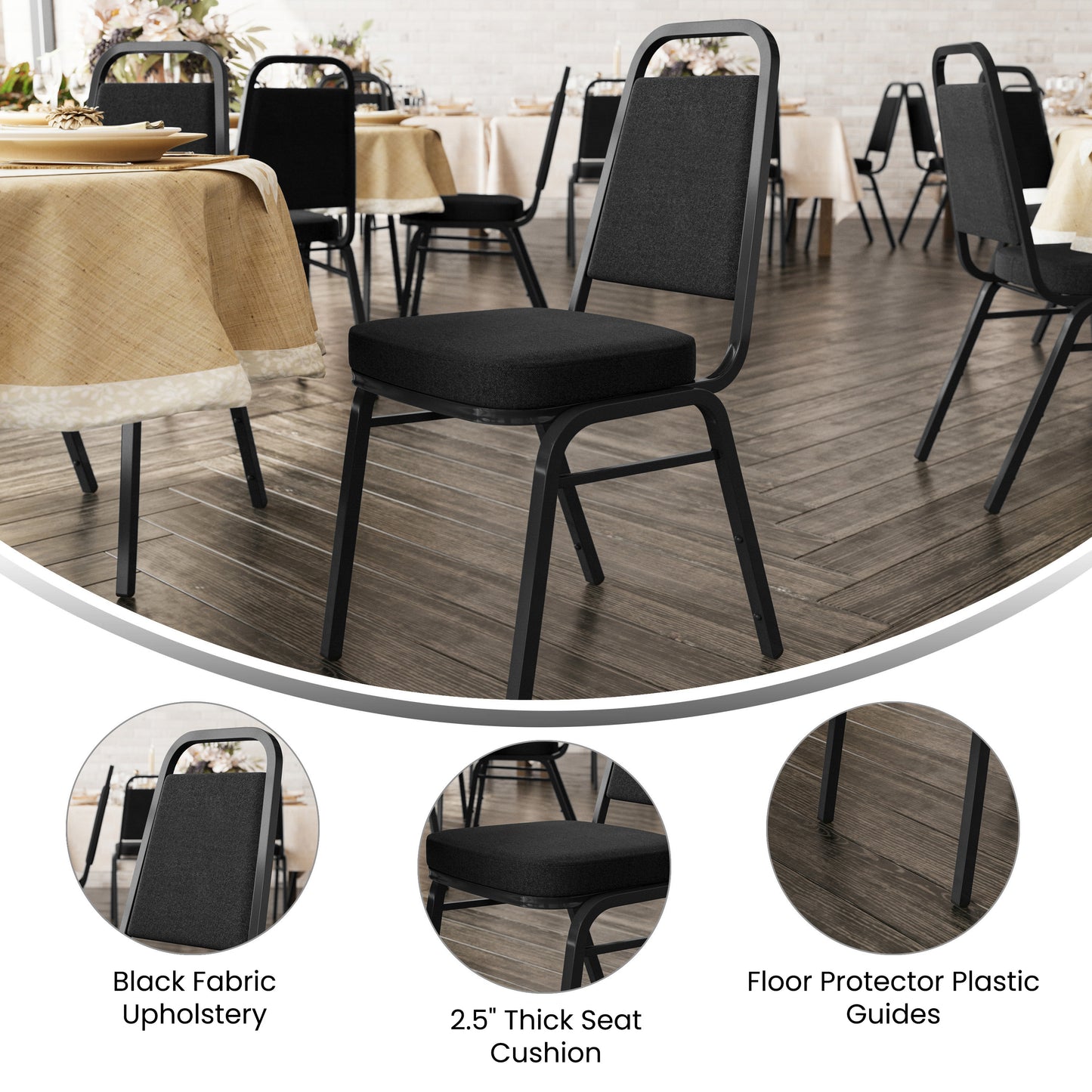 HERCULES Series Trapezoidal Back Stacking Banquet Chair with Black Fabric and 2.5'' Thick Seat - Black Frame Black Fabric/Black Frame