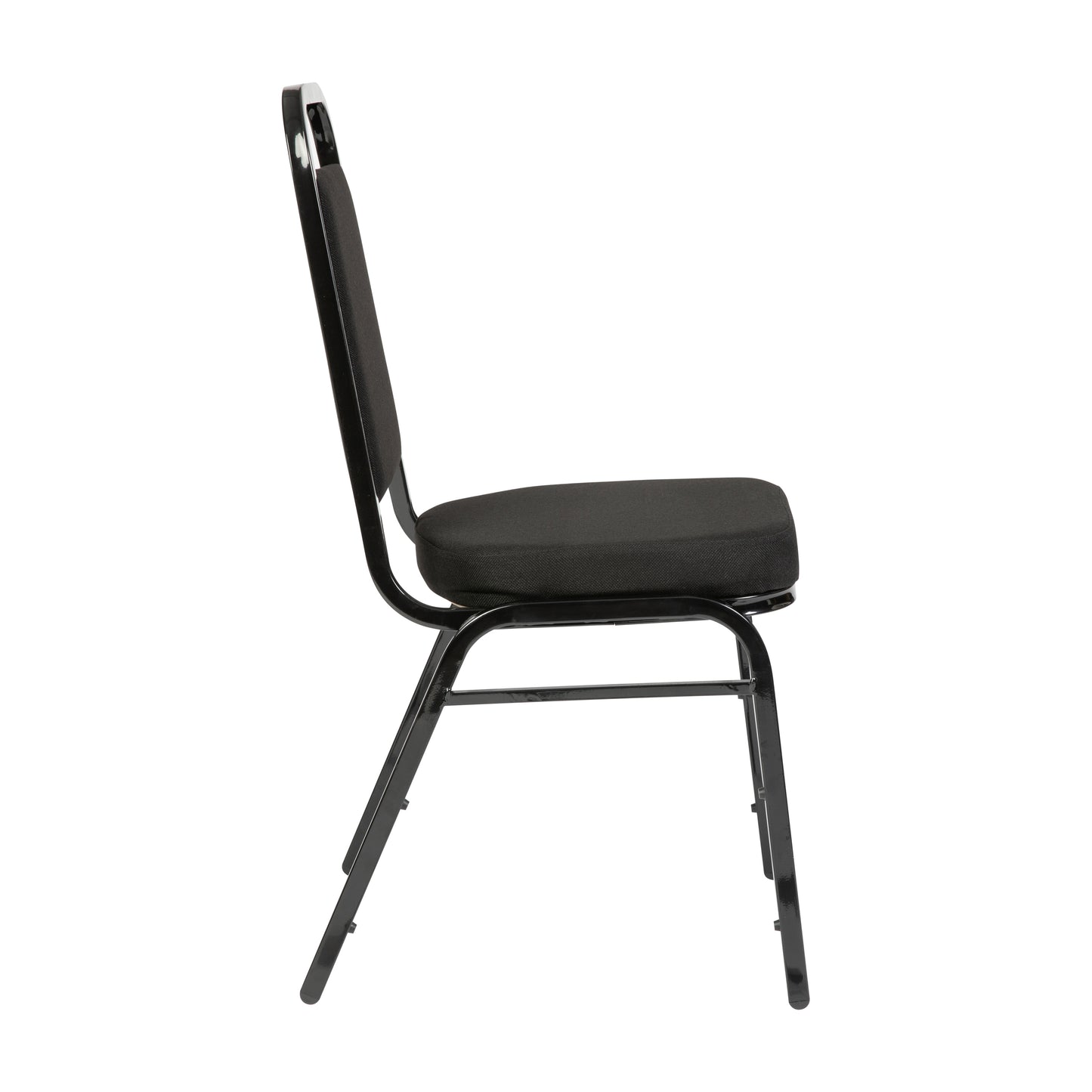 HERCULES Series Trapezoidal Back Stacking Banquet Chair with Black Fabric and 2.5'' Thick Seat - Black Frame Black Fabric/Black Frame