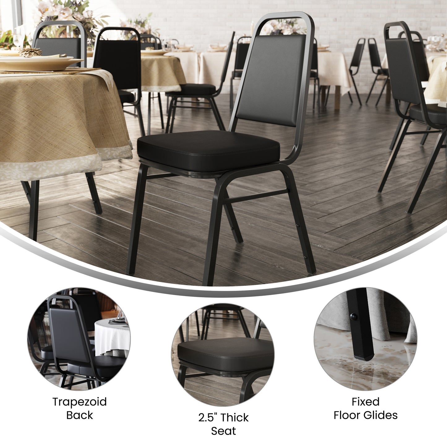 HERCULES Series Trapezoidal Back Stacking Banquet Chair in Black Vinyl - Black Frame Black Vinyl/Black Frame