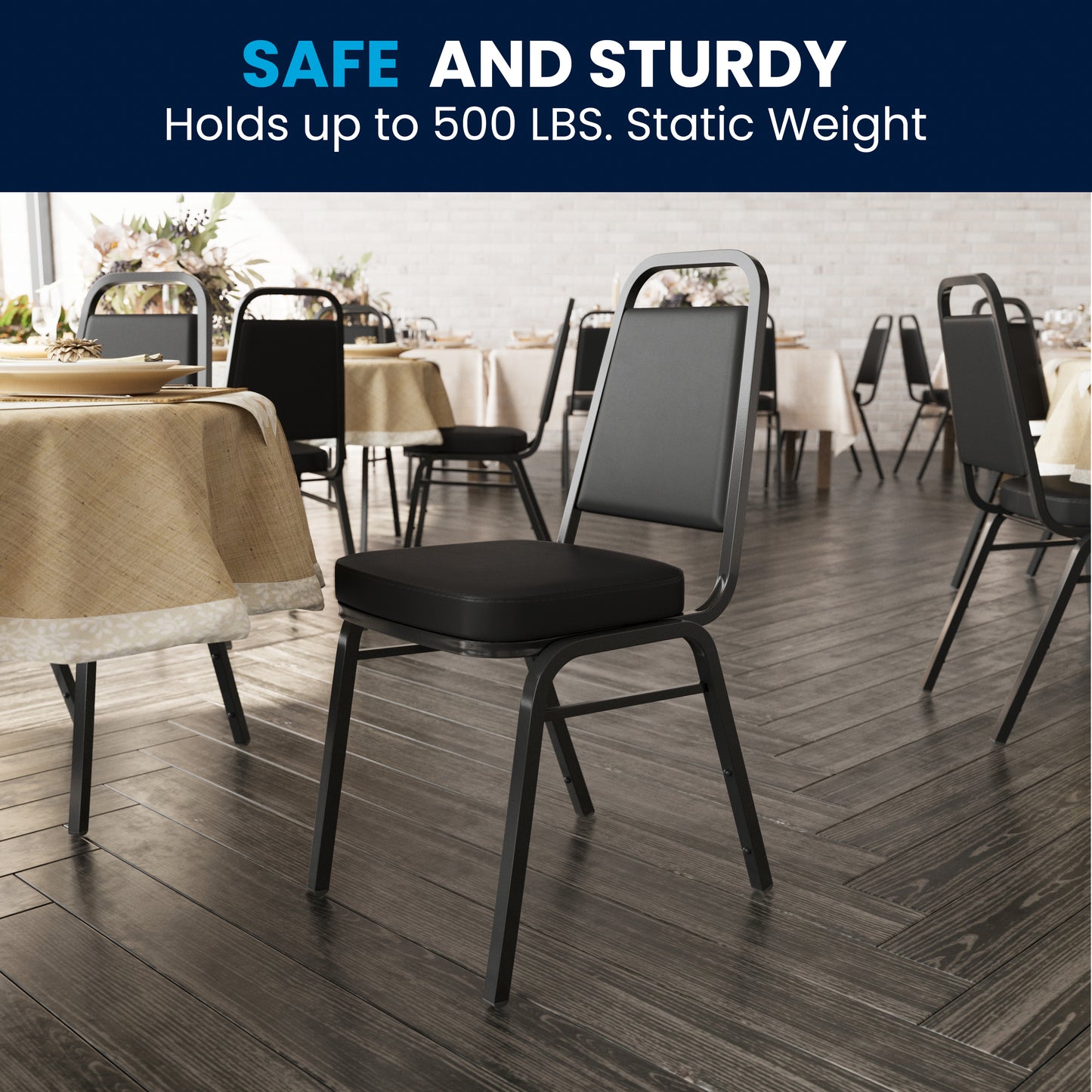HERCULES Series Trapezoidal Back Stacking Banquet Chair in Black Vinyl - Black Frame Black Vinyl/Black Frame