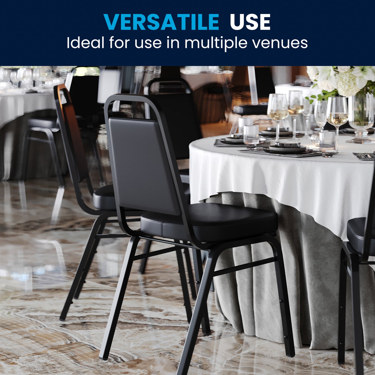 HERCULES Series Trapezoidal Back Stacking Banquet Chair in Black Vinyl - Black Frame Black Vinyl/Black Frame