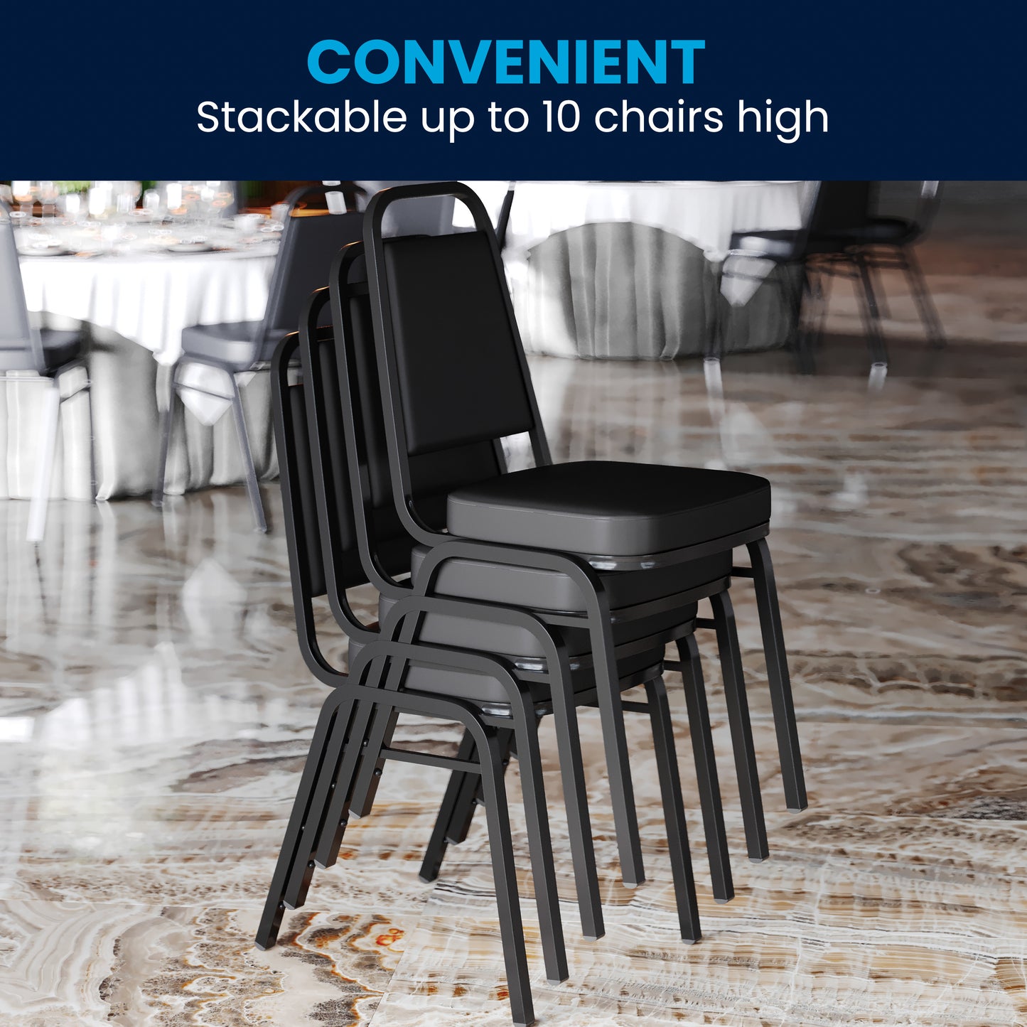 HERCULES Series Trapezoidal Back Stacking Banquet Chair in Black Vinyl - Black Frame Black Vinyl/Black Frame