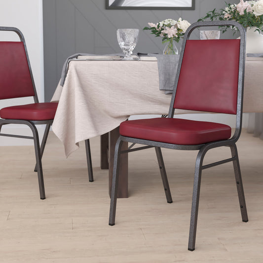 HERCULES Series Trapezoidal Back Stacking Banquet Chair in Burgundy Vinyl - Silver Vein Frame Burgundy Vinyl/Silver Vein Frame