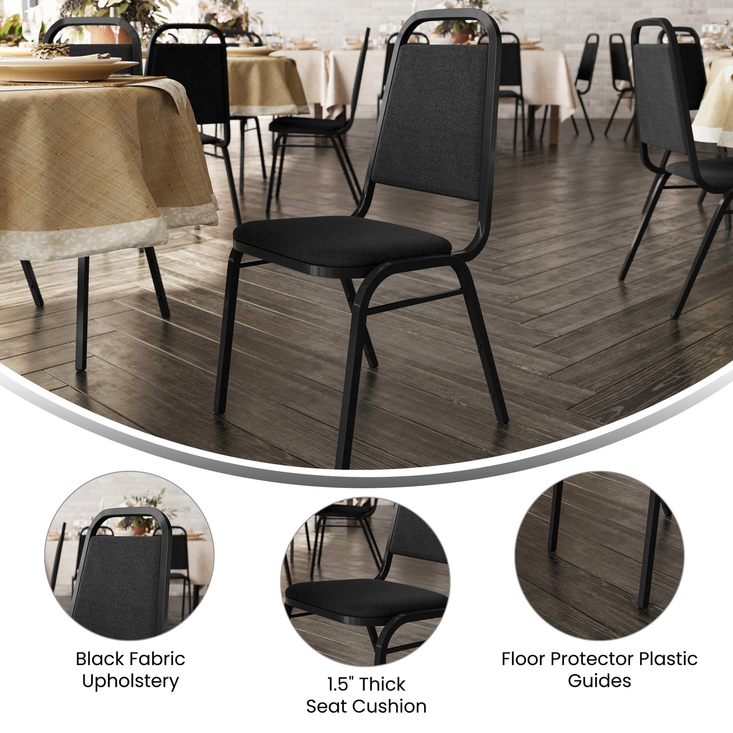 HERCULES Series Trapezoidal Back Stacking Banquet Chair in Black Fabric - Black Frame Black Fabric/Black Frame