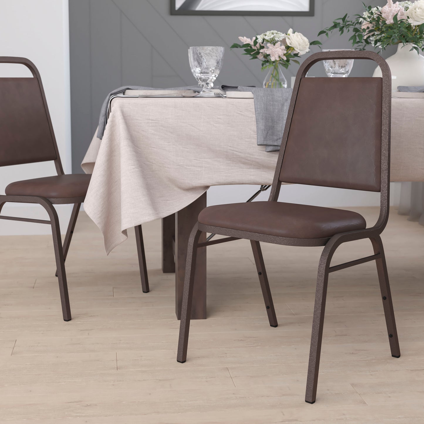 HERCULES Series Trapezoidal Back Stacking Banquet Chair in Brown Vinyl - Copper Vein Frame Brown Vinyl/Copper Vein Frame FD-BHF-2-BN-GG