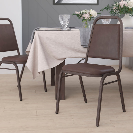 HERCULES Series Trapezoidal Back Stacking Banquet Chair in Brown Vinyl - Copper Vein Frame Brown Vinyl/Copper Vein Frame