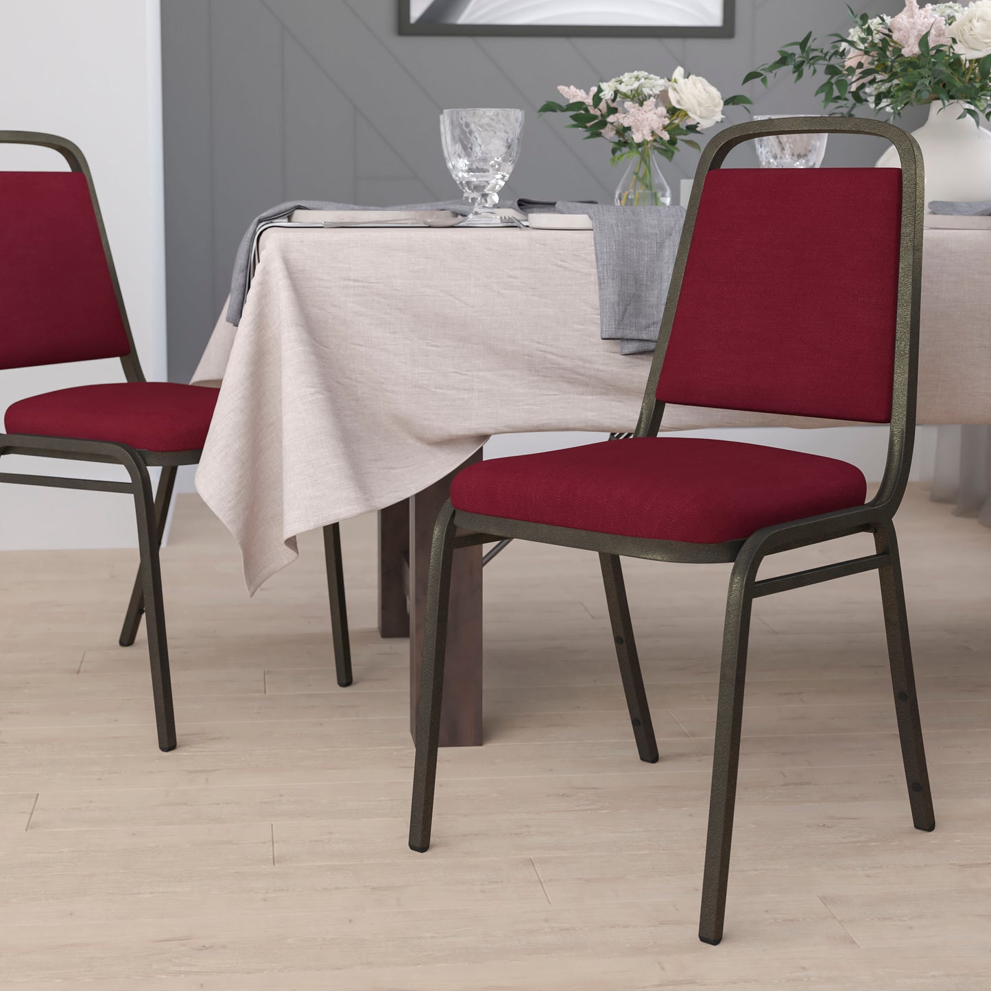 HERCULES Series Trapezoidal Back Stacking Banquet Chair in Burgundy Fabric - Gold Vein Frame Burgundy Fabric/Gold Vein Frame