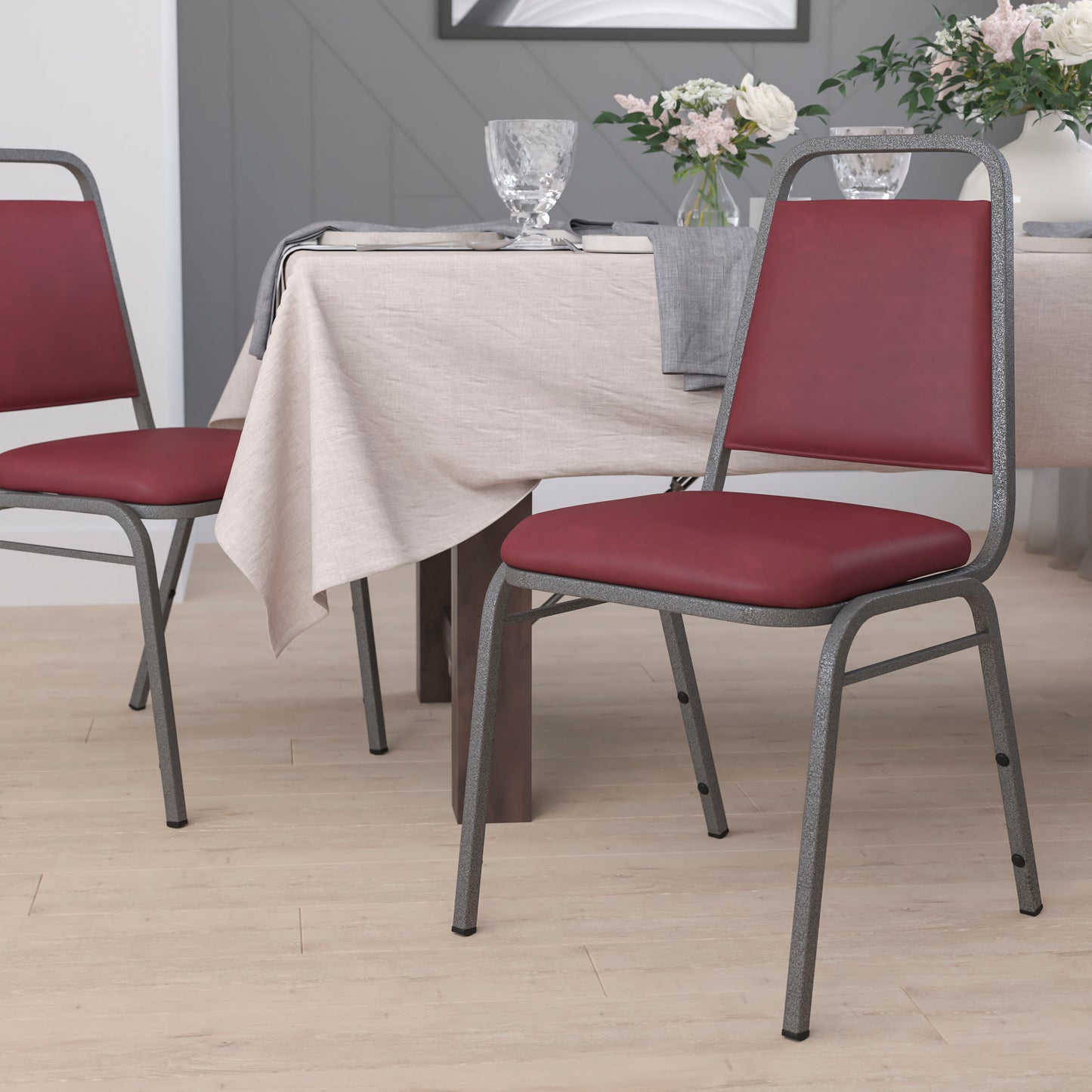 HERCULES Series Trapezoidal Back Stacking Banquet Chair in Burgundy Vinyl - Silver Vein Frame Burgundy Vinyl/Silver Vein Frame