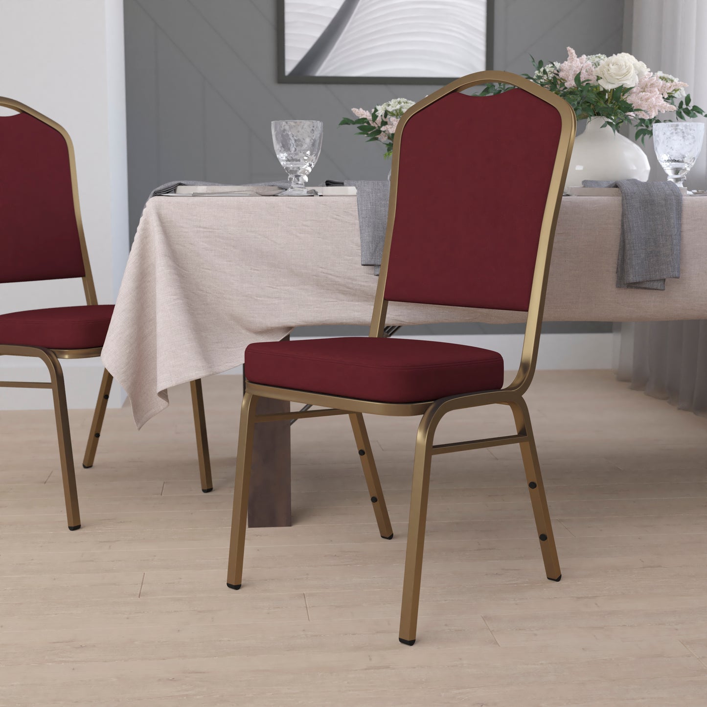 HERCULES Series Crown Back Stacking Banquet Chair in Burgundy Fabric - Gold Frame Burgundy Fabric/Gold Frame
