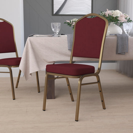 HERCULES Series Crown Back Stacking Banquet Chair in Burgundy Fabric - Gold Frame Burgundy Fabric/Gold Frame