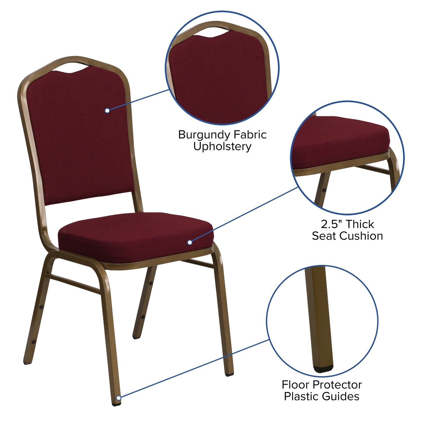 HERCULES Series Crown Back Stacking Banquet Chair in Burgundy Fabric - Gold Frame Burgundy Fabric/Gold Frame