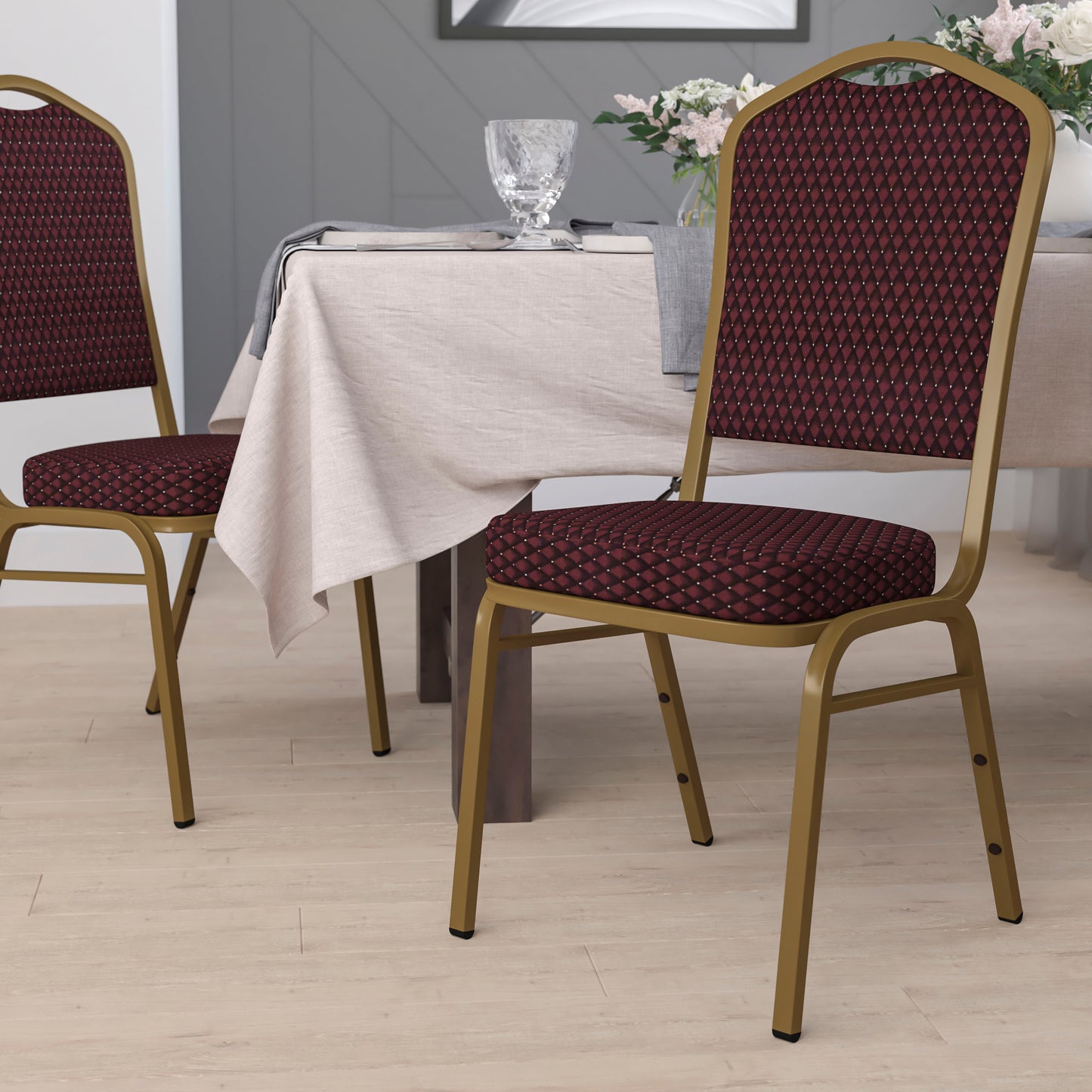 HERCULES Series Crown Back Stacking Banquet Chair in Burgundy Patterned Fabric - Gold Frame Burgundy Patterned Fabric/Gold Frame