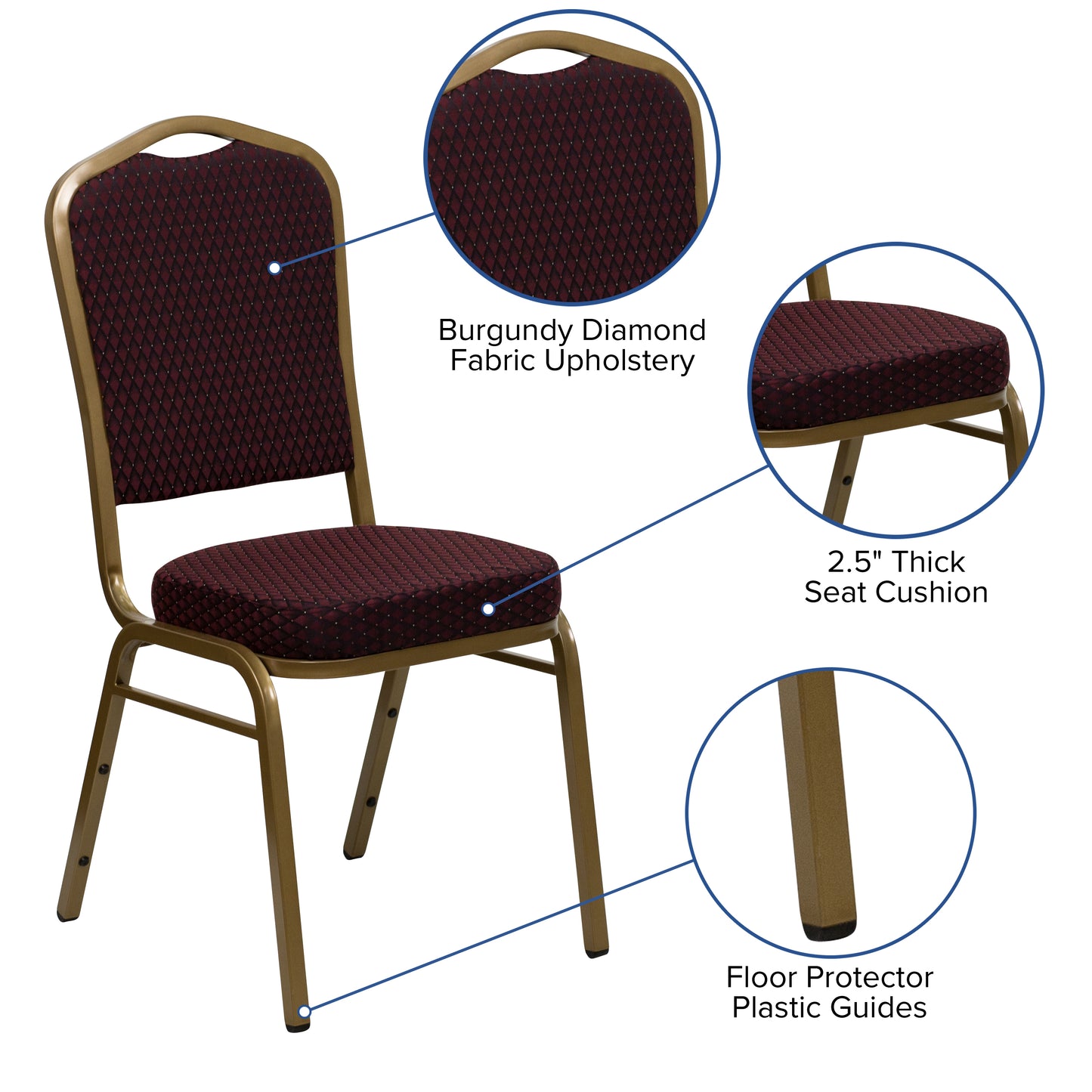 HERCULES Series Crown Back Stacking Banquet Chair in Burgundy Patterned Fabric - Gold Frame Burgundy Patterned Fabric/Gold Frame