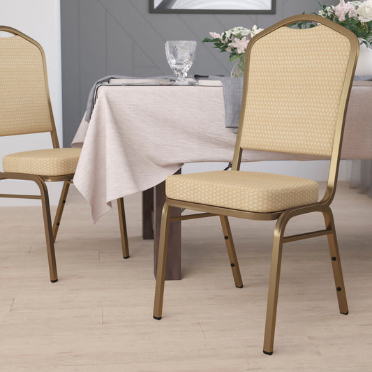 HERCULES Series Crown Back Stacking Banquet Chair in Beige Patterned Fabric - Gold Frame Beige Patterned Fabric/Gold Frame
