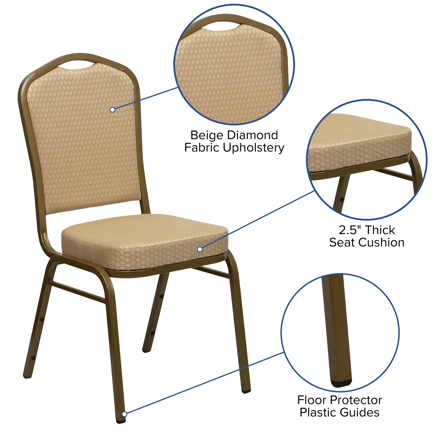 HERCULES Series Crown Back Stacking Banquet Chair in Beige Patterned Fabric - Gold Frame Beige Patterned Fabric/Gold Frame