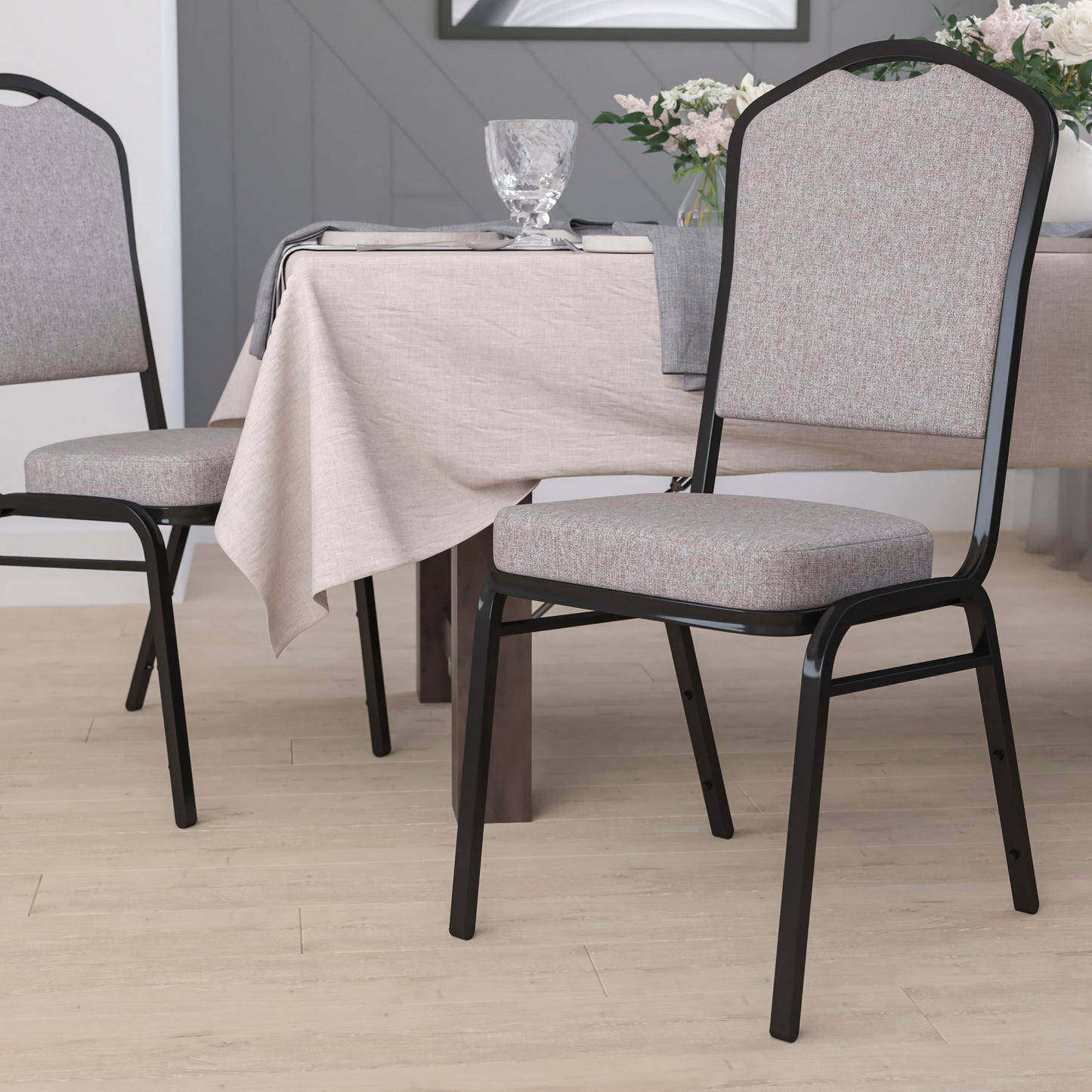 HERCULES Series Crown Back Stacking Banquet Chair in Gray Fabric - Black Frame Gray Fabric/Black Frame FD-C01-B-5-GG