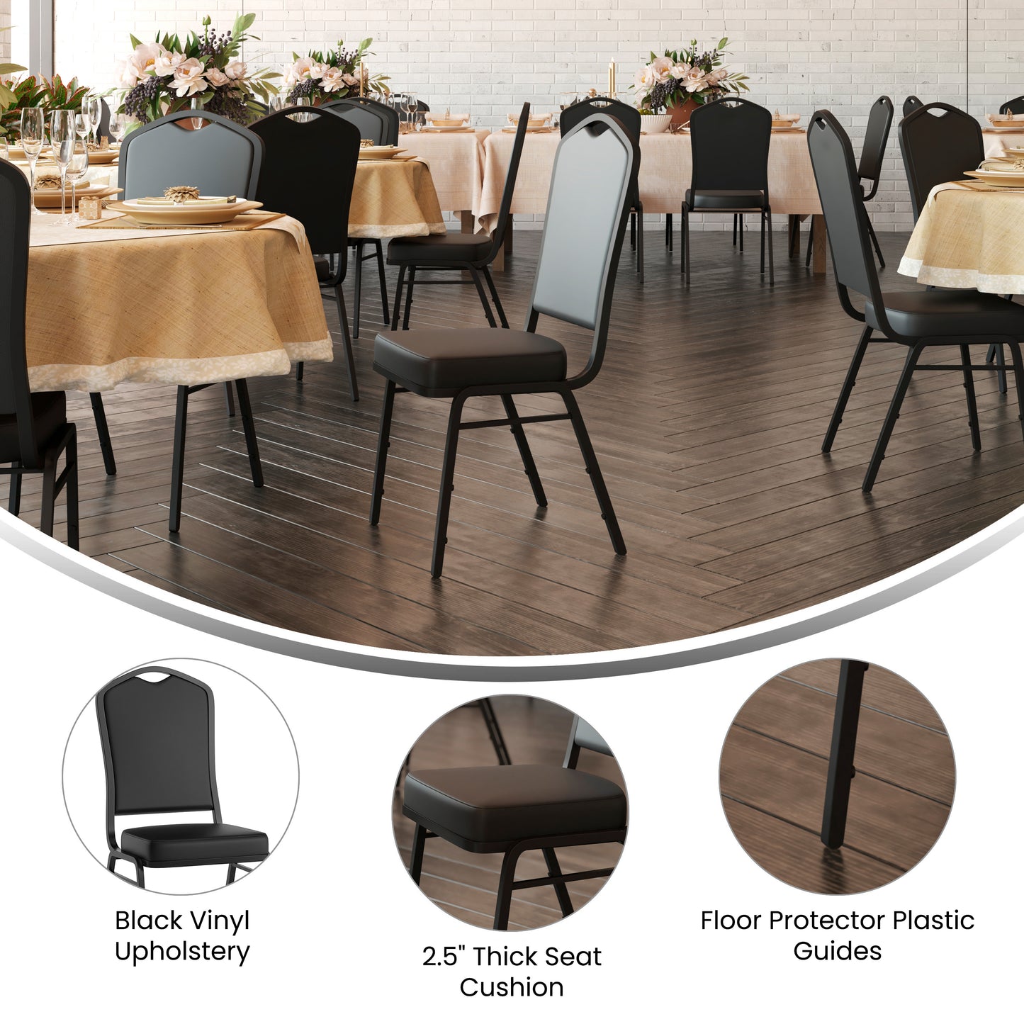 HERCULES Series Crown Back Stacking Banquet Chair in Black Vinyl - Black Frame Black Vinyl/Black Frame
