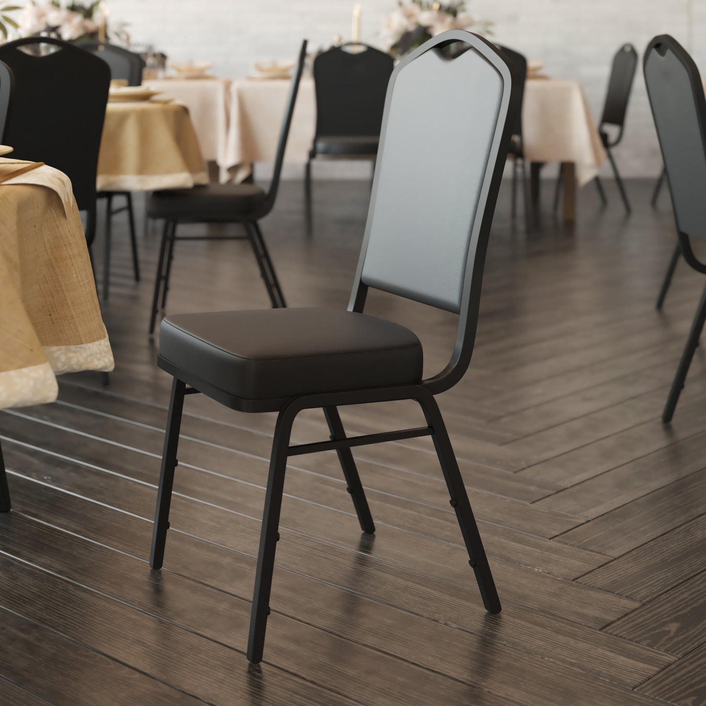 HERCULES Series Crown Back Stacking Banquet Chair in Black Vinyl - Black Frame Black Vinyl/Black Frame