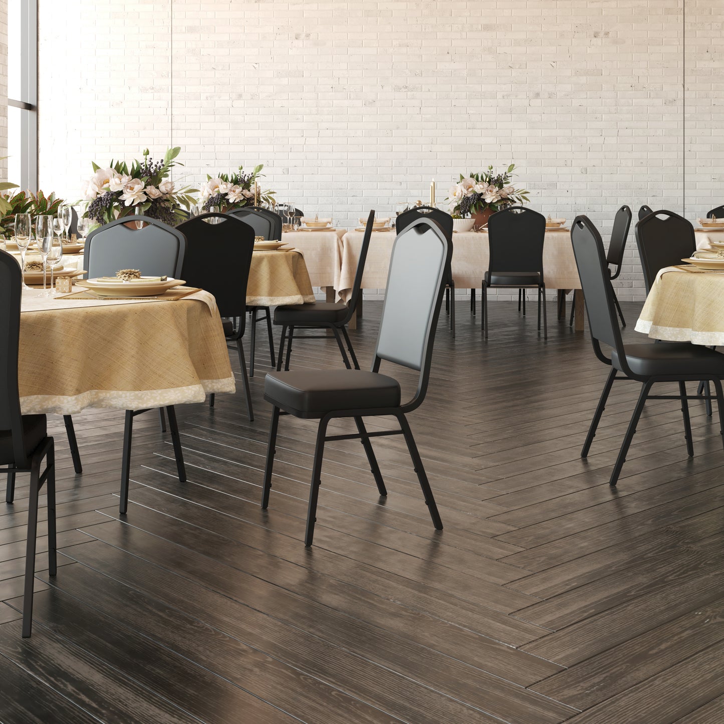 HERCULES Series Crown Back Stacking Banquet Chair in Black Vinyl - Black Frame Black Vinyl/Black Frame