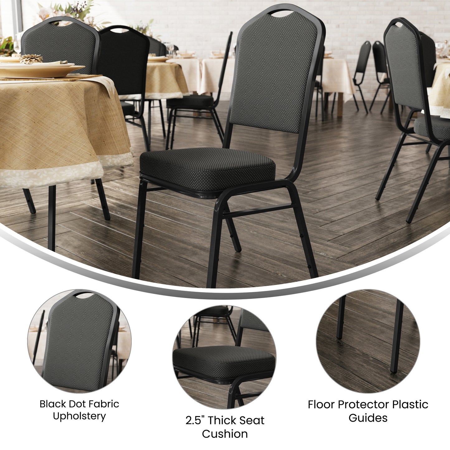 HERCULES Series Crown Back Stacking Banquet Chair in Black Dot Patterned Fabric - Black Frame Black Dot Patterned Fabric/Black Frame