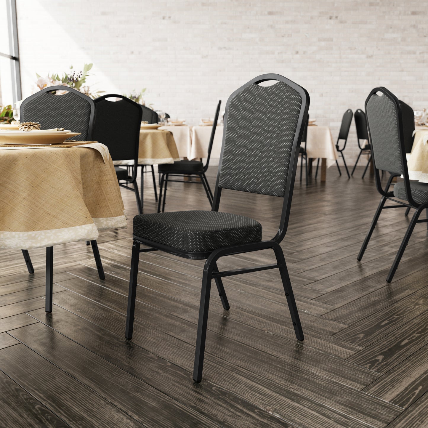 HERCULES Series Crown Back Stacking Banquet Chair in Black Dot Patterned Fabric - Black Frame Black Dot Patterned Fabric/Black Frame