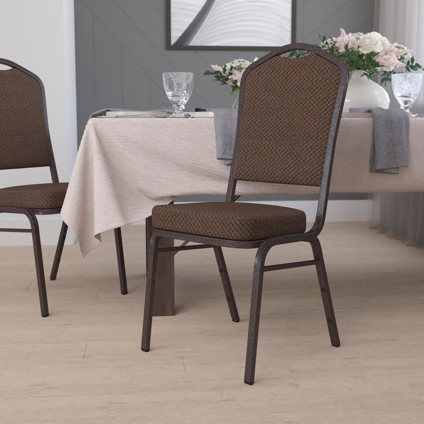 HERCULES Series Crown Back Stacking Banquet Chair in Brown Patterned Fabric - Copper Vein Frame Brown Patterned Fabric/Copper Vein Frame