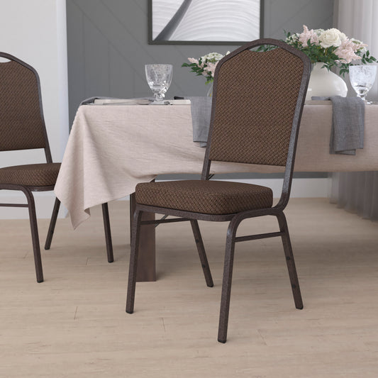 HERCULES Series Crown Back Stacking Banquet Chair in Brown Patterned Fabric - Copper Vein Frame Brown Patterned Fabric/Copper Vein Frame