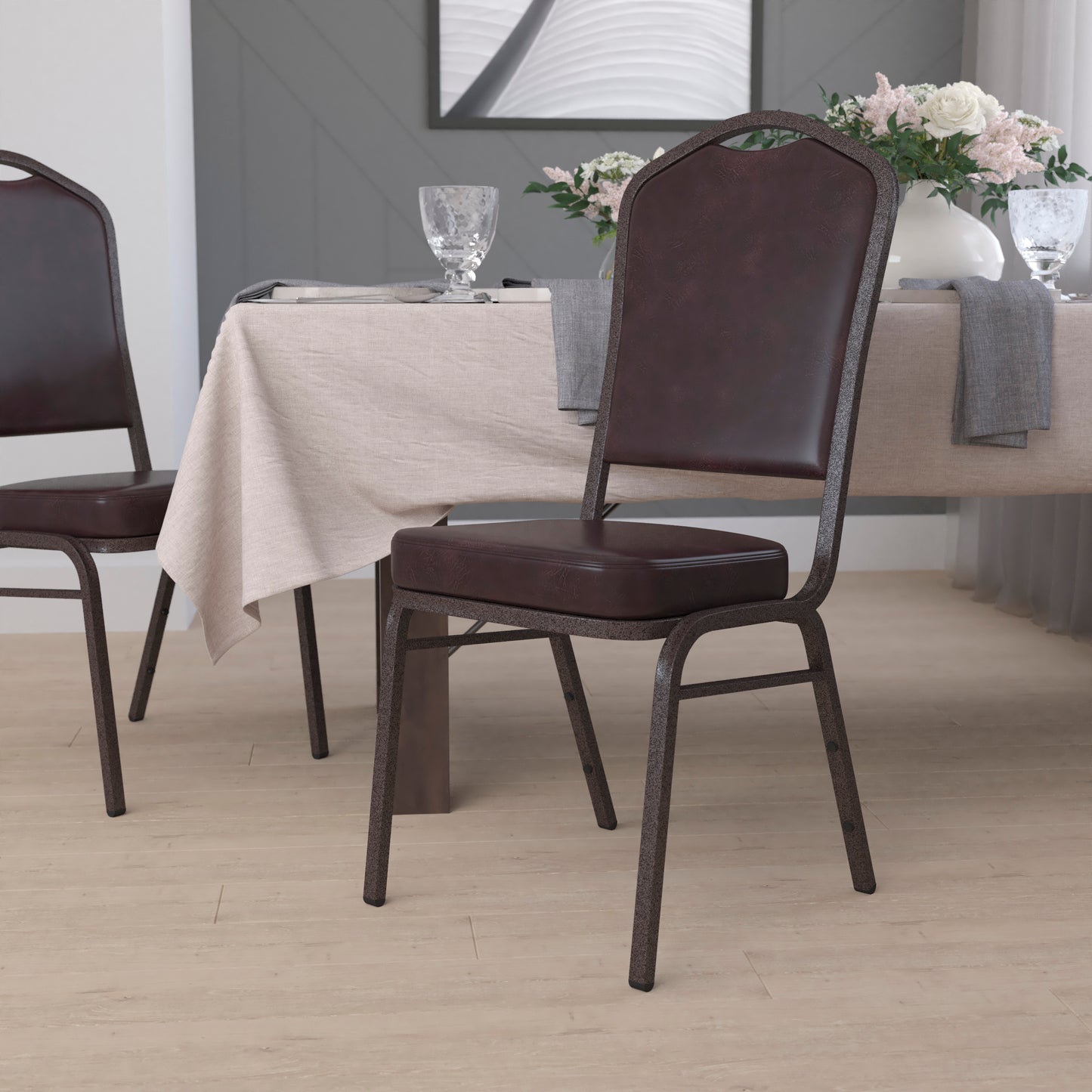HERCULES Series Crown Back Stacking Banquet Chair in Brown Vinyl - Copper Vein Frame Brown Vinyl/Copper Vein Frame
