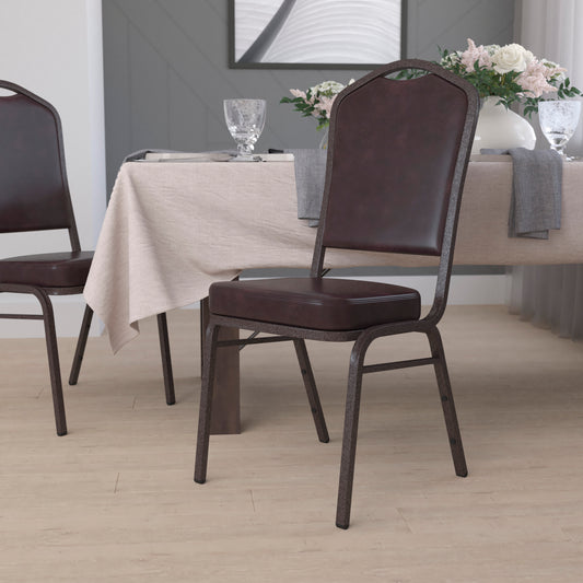 HERCULES Series Crown Back Stacking Banquet Chair in Brown Vinyl - Copper Vein Frame Brown Vinyl/Copper Vein Frame