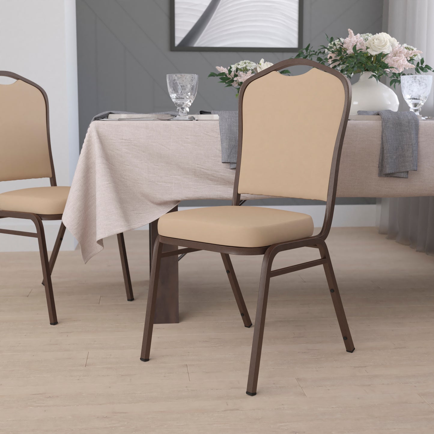HERCULES Series Crown Back Stacking Banquet Chair in Tan Vinyl - Copper Vein Frame Tan Vinyl/Copper Vein Frame