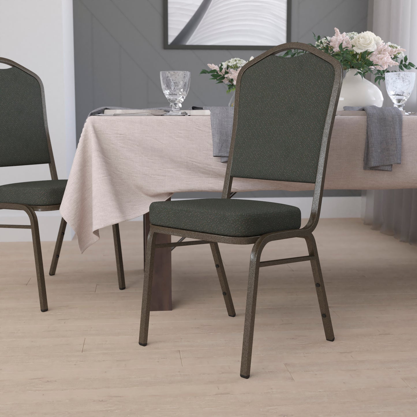 HERCULES Series Crown Back Stacking Banquet Chair in Green Patterned Fabric - Gold Vein Frame Green Patterned Fabric/Gold Vein Frame