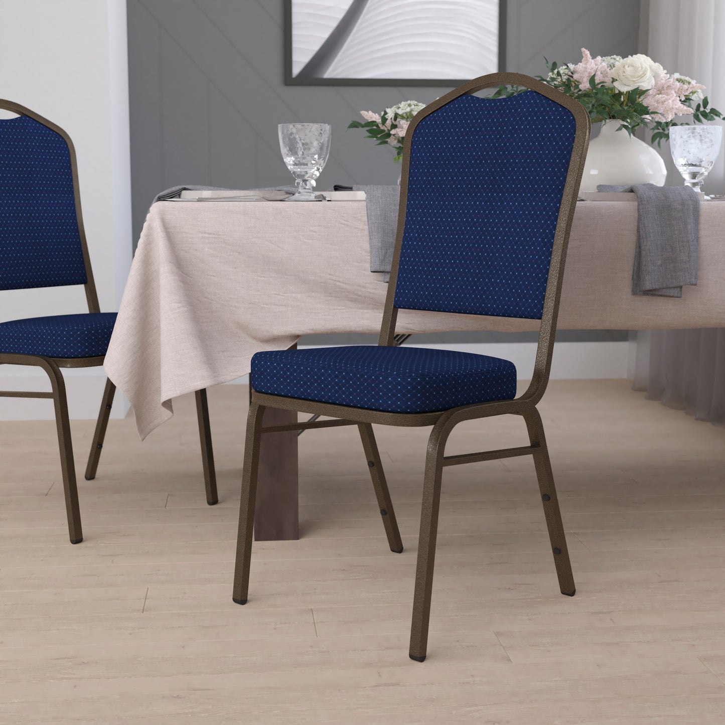 HERCULES Series Crown Back Stacking Banquet Chair in Navy Blue Patterned Fabric - Gold Vein Frame Navy Blue Patterned Fabric/Gold Vein Frame