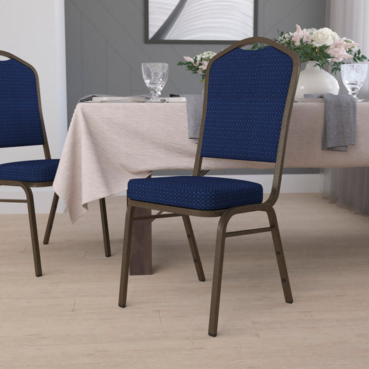 HERCULES Series Crown Back Stacking Banquet Chair in Navy Blue Patterned Fabric - Gold Vein Frame Navy Blue Patterned Fabric/Gold Vein Frame