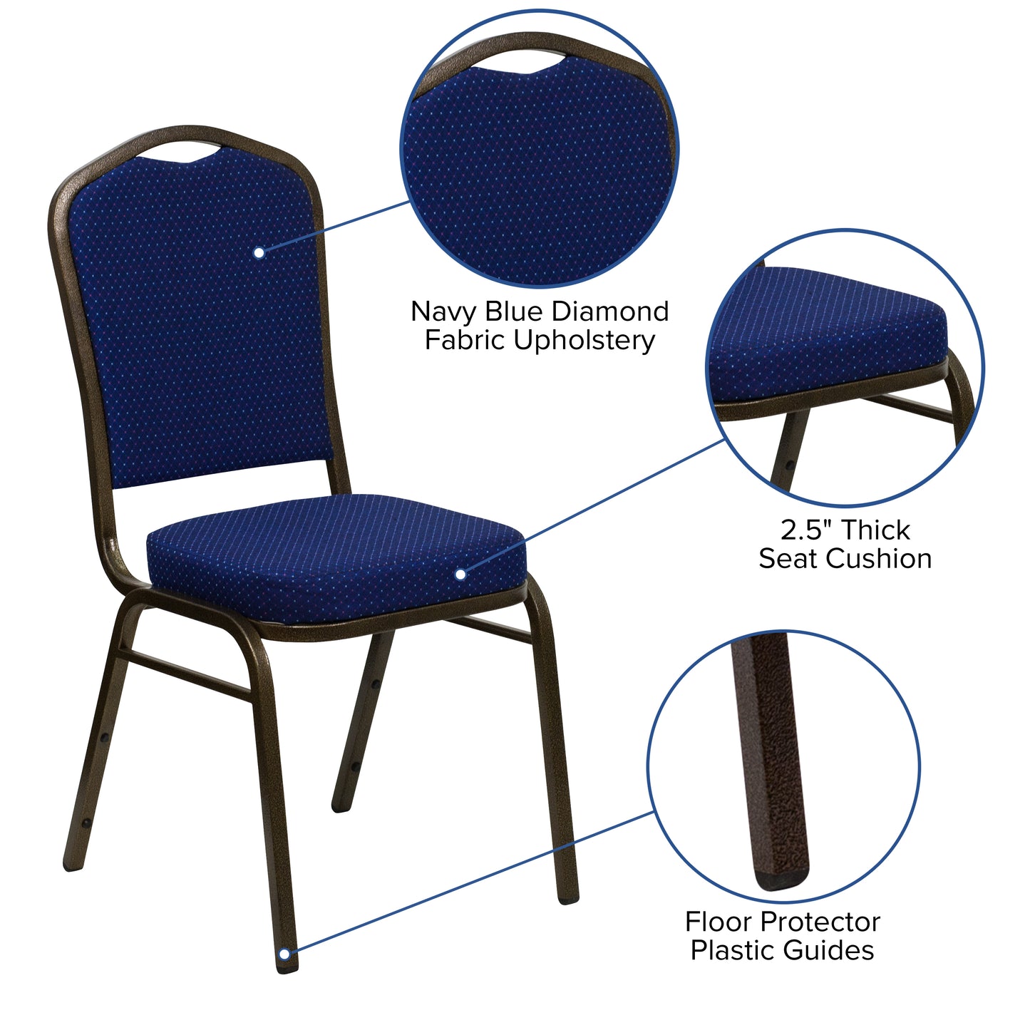 HERCULES Series Crown Back Stacking Banquet Chair in Navy Blue Patterned Fabric - Gold Vein Frame Navy Blue Patterned Fabric/Gold Vein Frame