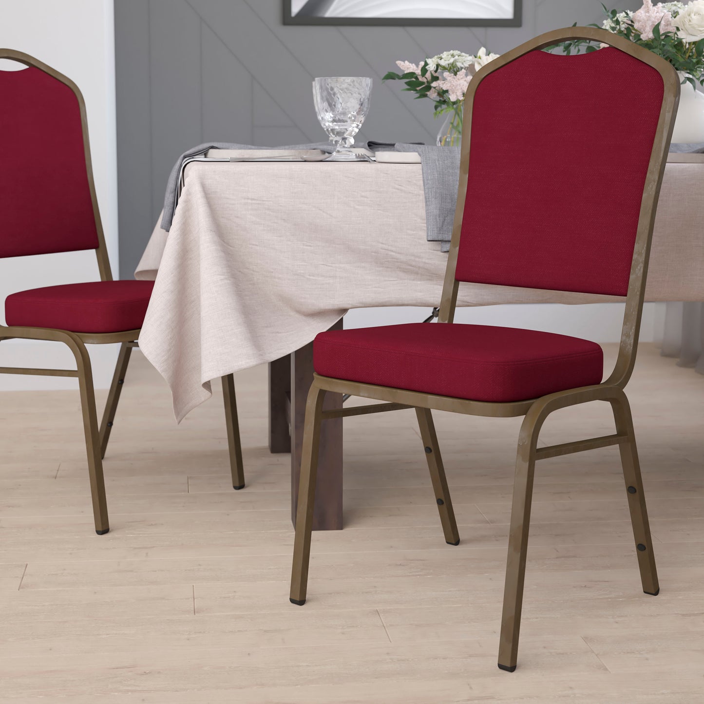 HERCULES Series Crown Back Stacking Banquet Chair in Burgundy Fabric - Gold Vein Frame Burgundy Fabric/Gold Vein Frame