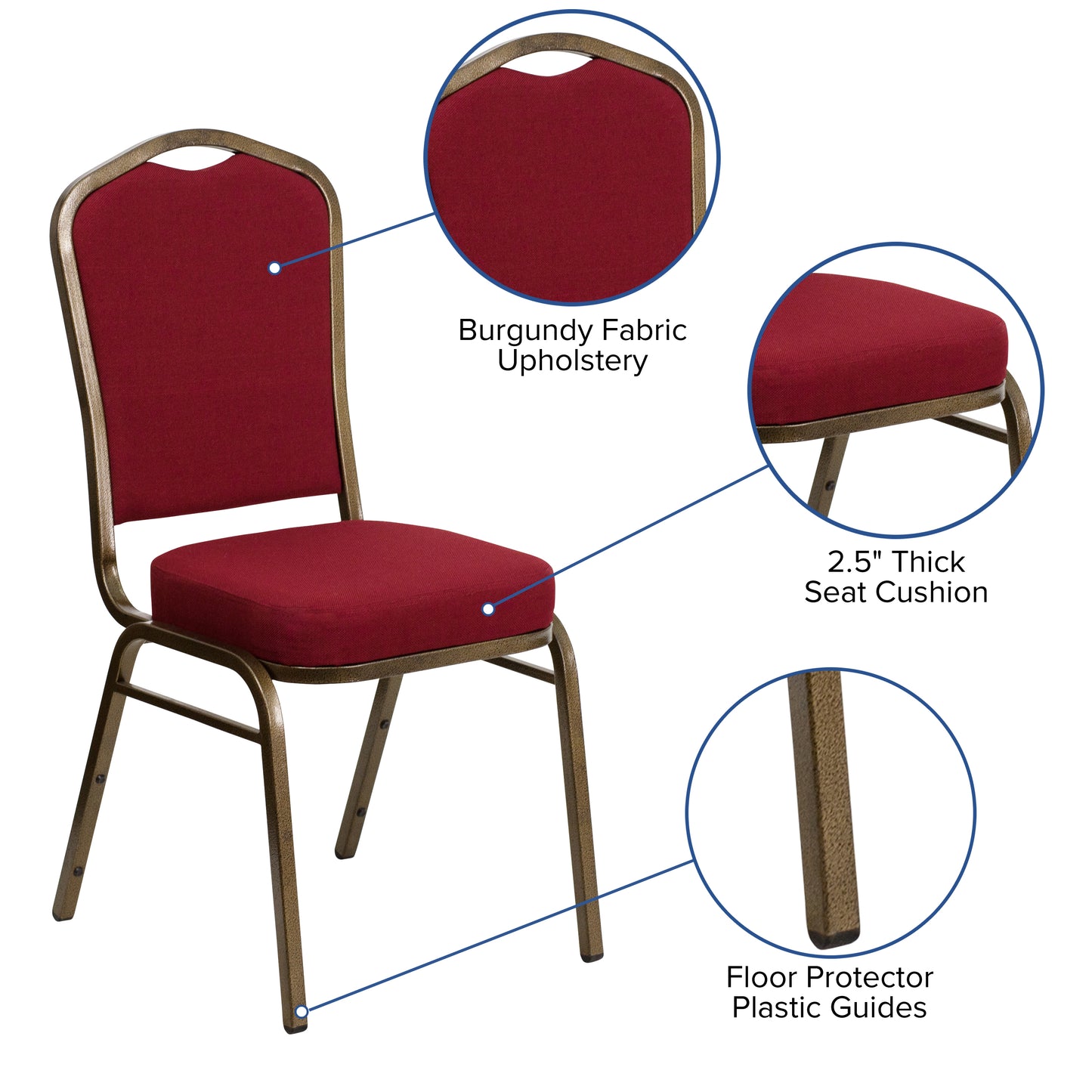 HERCULES Series Crown Back Stacking Banquet Chair in Burgundy Fabric - Gold Vein Frame Burgundy Fabric/Gold Vein Frame