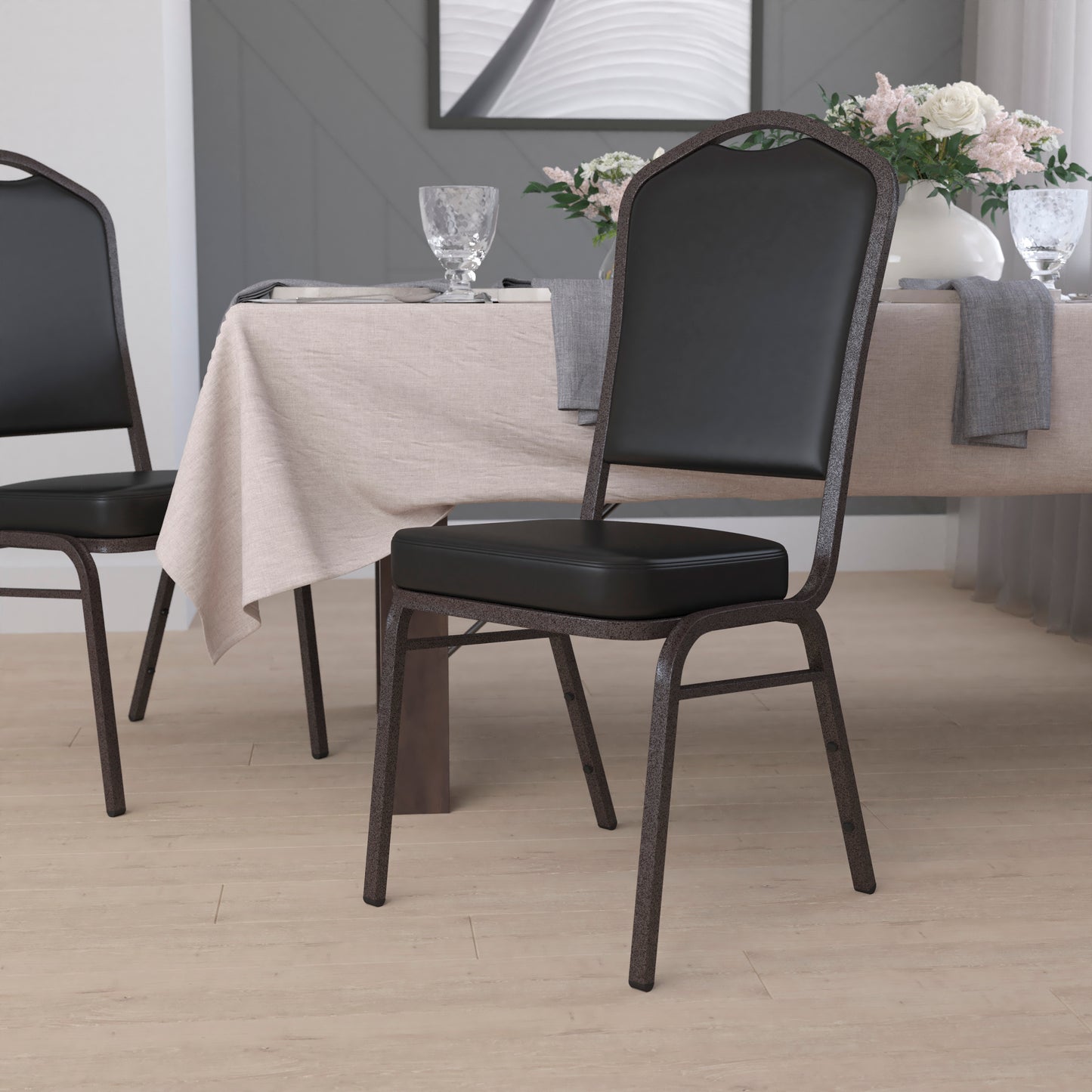 HERCULES Series Crown Back Stacking Banquet Chair in Black Vinyl - Gold Vein Frame Black Vinyl/Gold Vein Frame