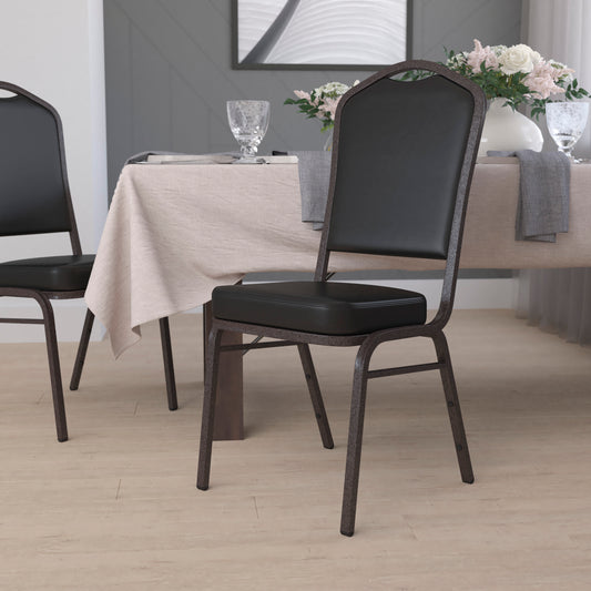 HERCULES Series Crown Back Stacking Banquet Chair in Black Vinyl - Gold Vein Frame Black Vinyl/Gold Vein Frame